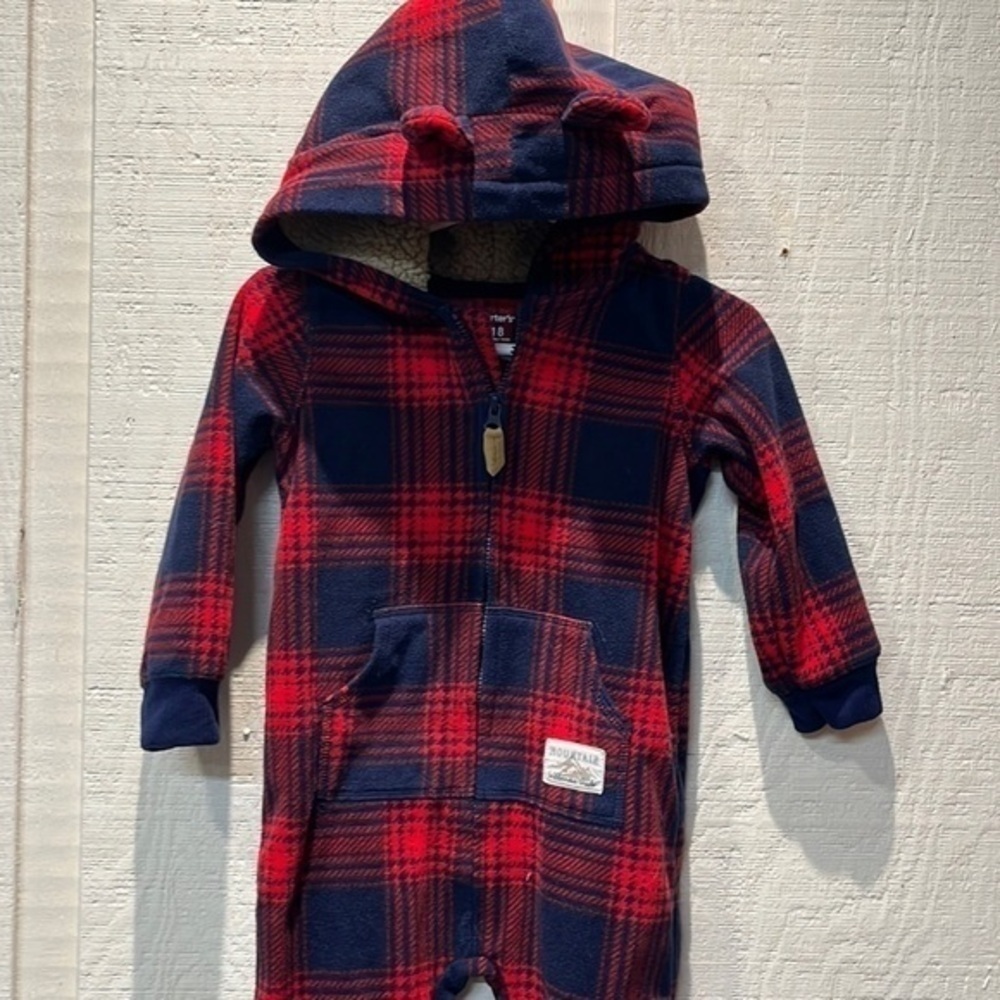Carter’s hooded red & navy blue Plaid fleece jumpsuit onesie size 18 months